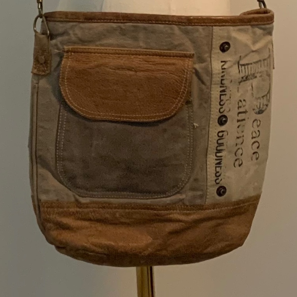 Peace and Patience Canvas Upcycled Leather Bag - Picture 2 of 7